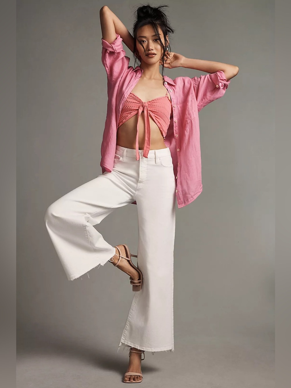Anthropologie Seamless Smocked Tie-Front Bandeau Top- Pink $60 MSRP